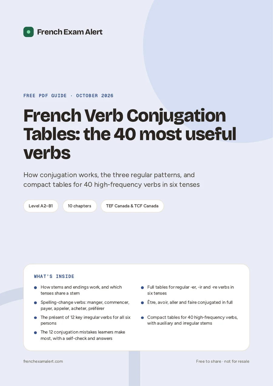 Cover of the free PDF: French Verb Conjugation Tables: the 40 most useful verbs