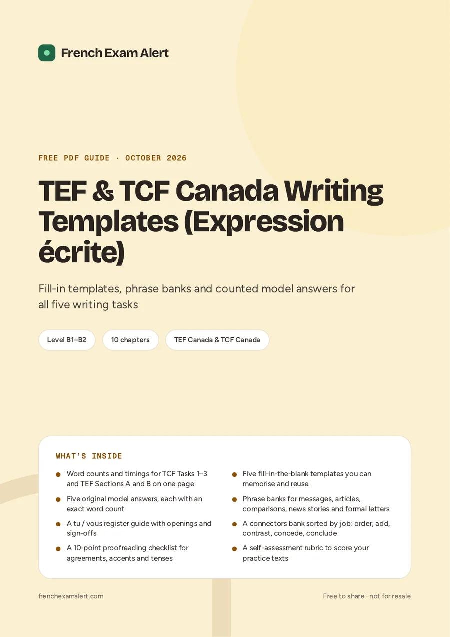 Cover of the free PDF: TEF & TCF Canada Writing Templates (Expression écrite)